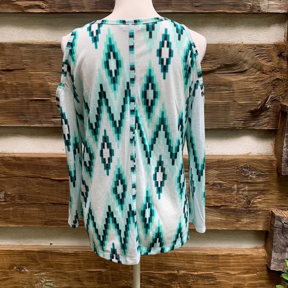 CHARMING CHARLIE Cold Shoulder, Open Back Knit Top.  Geometric Green Black Sz S - Picture 5 of 11